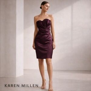Karen Millen Strapless Satin Pencil Dress | Plum Burgundy | Elegant Evening